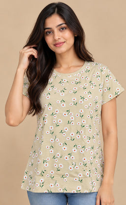 Cream Baniyan Floral Rubber Printed T-Shirt