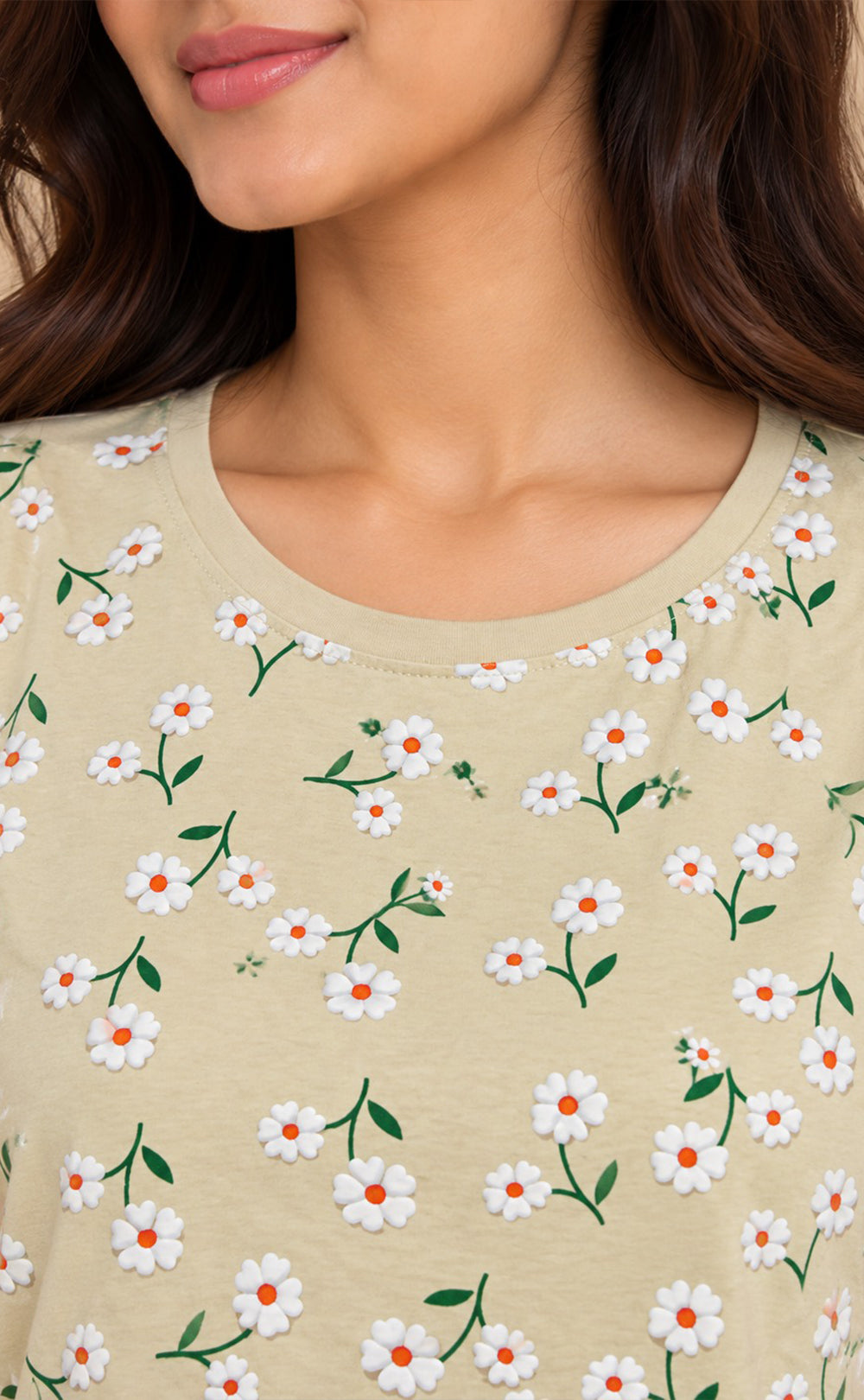 Cream Baniyan Floral Rubber Printed T-Shirt
