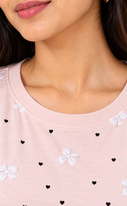 Peach Pink Baniyan Little Heart Printed T-Shirt