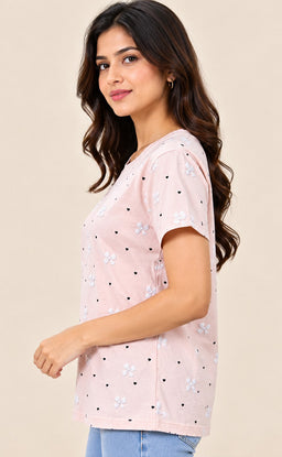 Peach Pink Baniyan Little Heart Printed T-Shirt