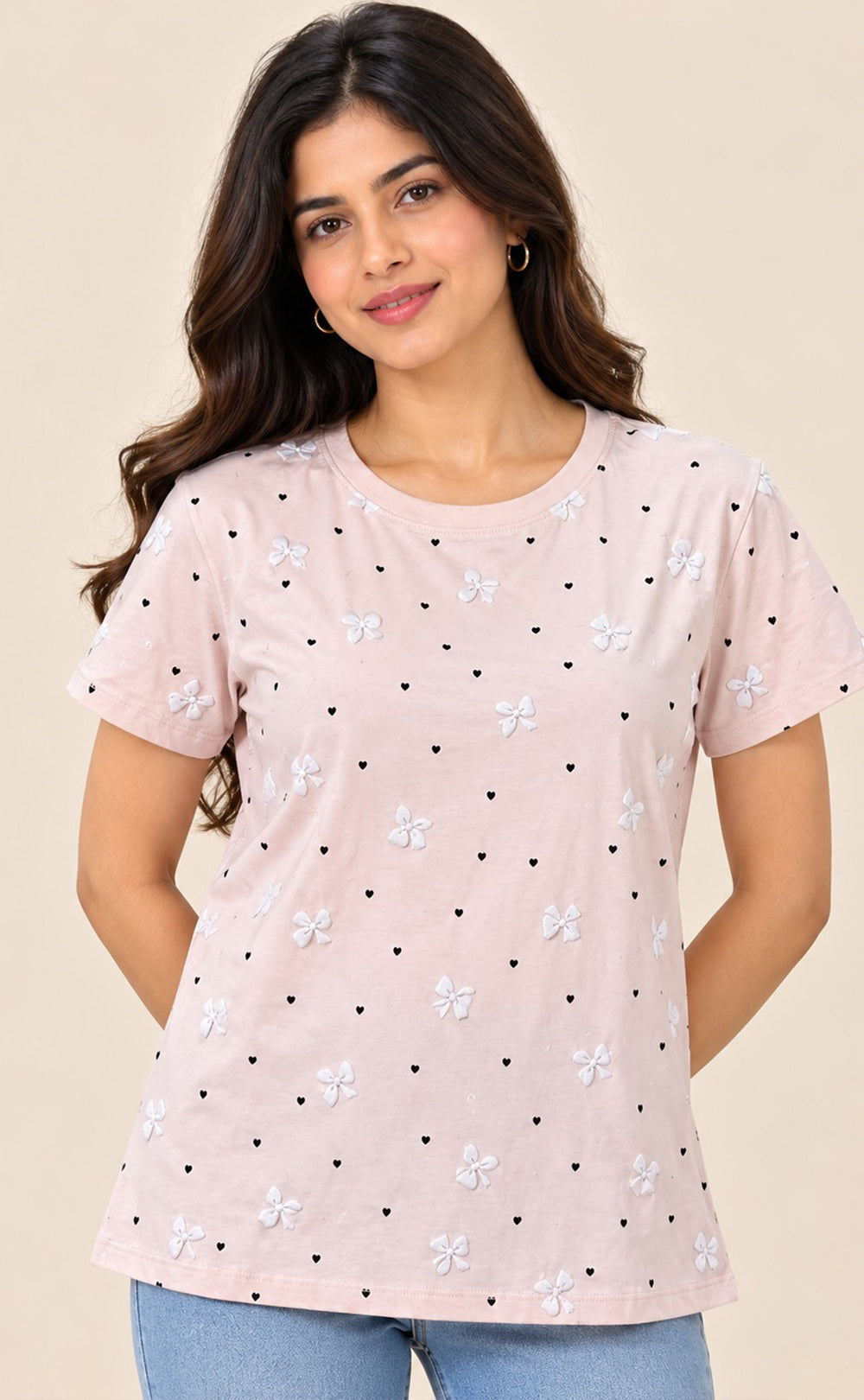 Peach Pink Baniyan Little Heart Printed T-Shirt