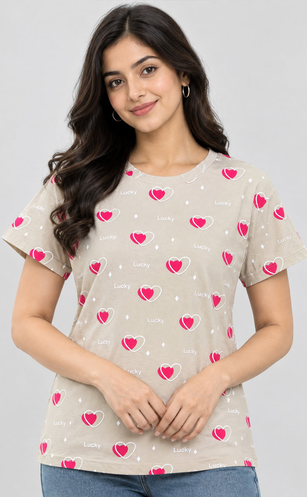 Cream Baiyan Heart Printed T-Shirt