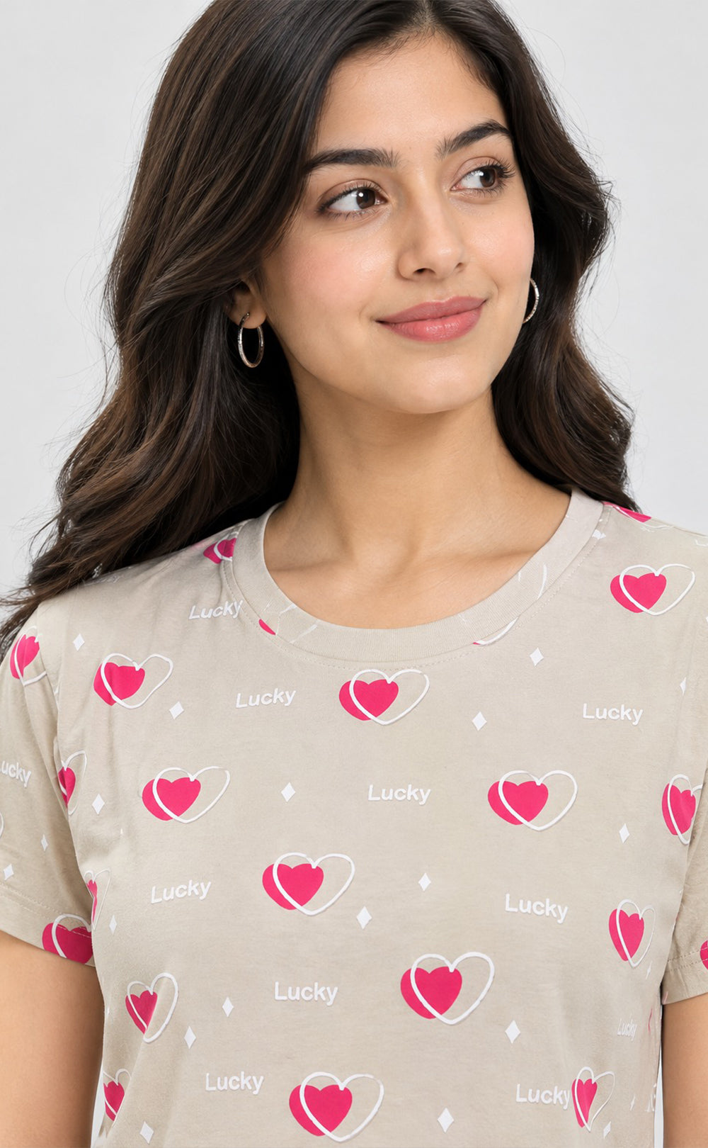 Cream Baiyan Heart Printed T-Shirt