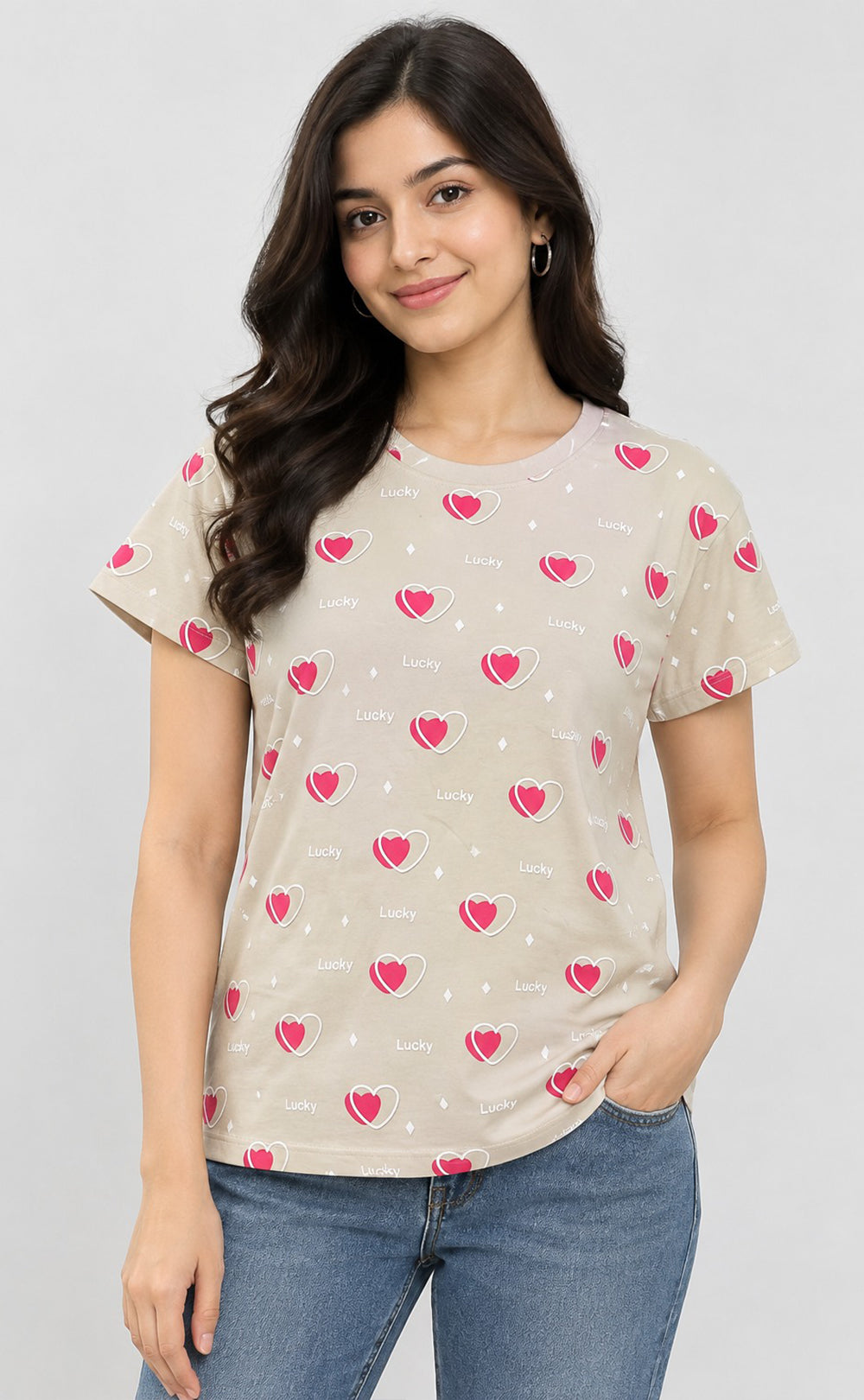 Cream Baiyan Heart Printed T-Shirt