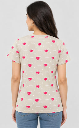 Cream Baiyan Heart Printed T-Shirt