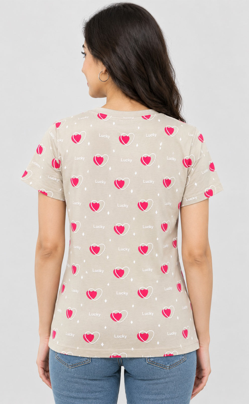 Cream Baiyan Heart Printed T-Shirt