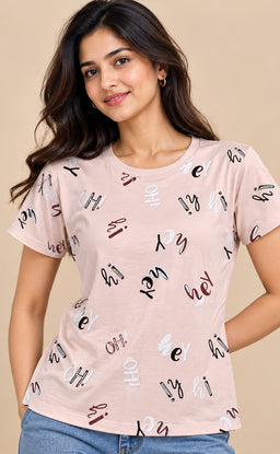 Light Rose Pink Baniyan Text Printed T-Shirt
